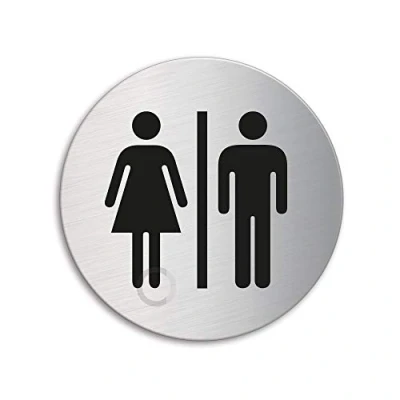Imagen de Placa de Puerta Baño Mujeres y Hombres Ø 75 mm Letrero acero inoxidable cepillado mate fino autoadhesivo Ofform Design No. 8471