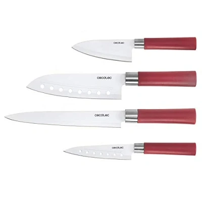 Imagen de Cecotec Juego de 4 Cuchillos Profesionales Estilo japonés Sanyoku. Filo grosor 2mm, Cuchillo trinchar, Chef, multiusos, picador, Presentación en Estuche (Rojo)