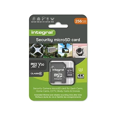 Imagen de Integral tarjeta de seguridad Micro SD 256GB para dash cams cámaras domésticas CCTV corporales y drones. Vida útil prolongada grabación confianza en todo momento alta resistencia