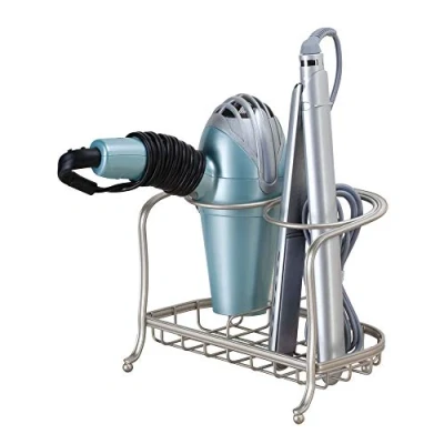 Imagen de iDesign soporte para secador de pelo, pequeño estante baño metal, pie independiente con 2 compartimentos y plancha, plateado mate