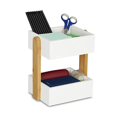 Imagen de Relaxdays Organizador de Escritorio, 2 Compartimientos, Bambú y MDF, Almacenaje Oficina, 25 x 22,5 16,5 cm, Blanco