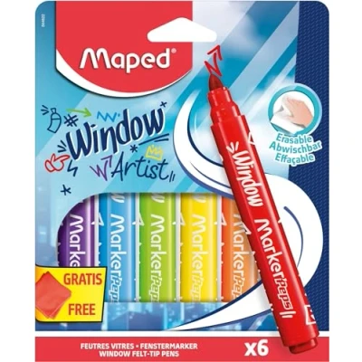 Imagen de Maped Marker&#039;Peps Fieltro de ventana para ventanas, punta ancha 5 mm y tinta borrable con agua, 6 rotuladores surtidos, superficies acristaladas 1 paño microfibra 20 x cm