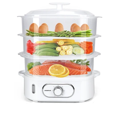 Imagen de Aigostar Vaporera Eléctrica 12L, con 3 Recipientes Apilables, Soporte Para Cocinar Huevos, Temporizador 60 Minutos, Recipiente arroz, Sin BPA, 900 W