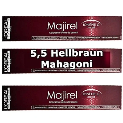 Imagen de 3 x Loreal majirel 5,5 marrón claro caoba Crema Color del pelo 50 ml