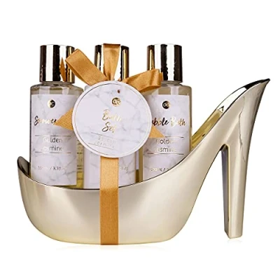 Imagen de set de baño Accentra regalo para mujer MÁRMOL con tacón alto cuidado 3 piezas Gel ducha, burbujas y loción corporal cumpleaños, día San Valentín &amp; Navidad (Oro)