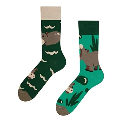 Imagen de Dedoles Calcetines Unisex Hombre Mujer y Niños Algodón muchos diseños divertidos diferente izquierda derecha, color: Turquesa, diseño: Hipopótamo nadador, tamaño: 43 46