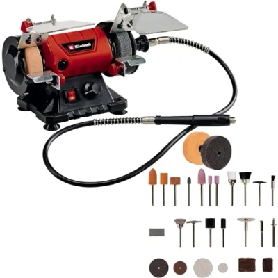Imagen de Einhell Esmeriladora doble TC XG 75 Kit (máx. 150 W, muelas abrasivas de Ø75xø10x20 mm, incl. muela abrasiva K120/K400, eje flexible, juego 85 piezas con diferentes accesorios)