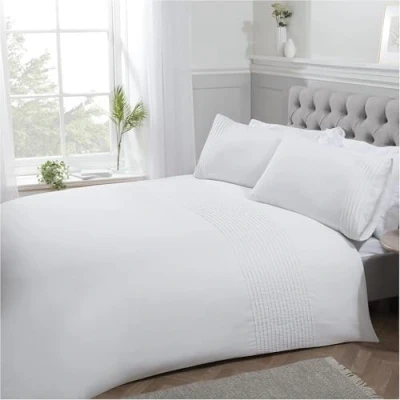 Imagen de Sleepdown Pintuck Juego de Funda edredón con Fundas Almohada, diseño Rayas, Color Blanco Lujo, fácil Cuidado, Suave y acogedora, tamaño Doble (200 x 200 cm)