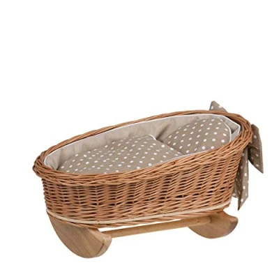 Imagen de e wicker24 Alles aus Weide cama de muñeca, Cuna balancín, para muñeca mimbre, con colchón + manta almohada (Beige2)