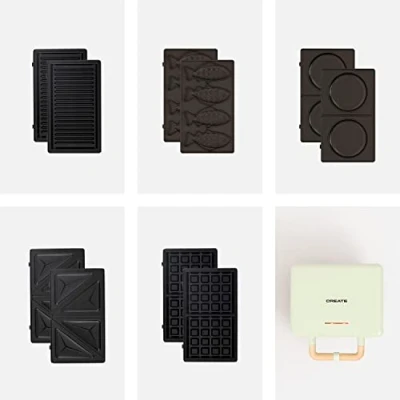Imagen de CREATE/STONE STUDIO/Sandwichera Grill y gofrera doble verde / 5 placas intercambiables: Grill, Gofre, Sandwich, Taiyaki Tortitas, antiadherente, apertura 100º, autoapagado, retro, 800W