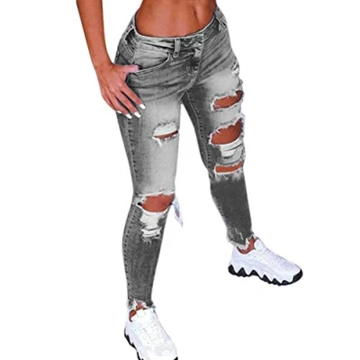 Imagen de Vaqueros Mujer Rotos EláStico Rectos Tejanos Skinny Slim Boyfriend Jeans Denim lápiz Pantalones con Cordón B Gris L