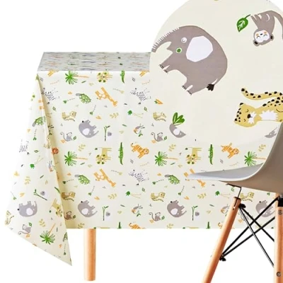 Imagen de Mantel Hule 200x140 Estampado de Safari Animales Patrón Para Niños PVC Amarillo Crema Mesa Rectangular Fácil Limpiar Impermeable Liso Hules Mesas Infantil
