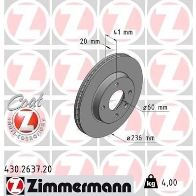 Imagen de ZIMMERMANN COAT Z 430.2637.20 Disco de freno 236 20 5/4 4 100 ventilación interna revestido