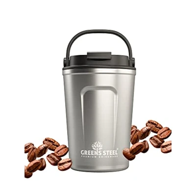 Imagen de Greens Steel Taza de Café Reusable 350ml, Plateado I Termo para Llevar con Tapa y Asa Antifugas, Aislado en Acero Inoxidable Bebidas Calientes Frías Té, Café,