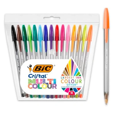 Imagen de BIC Cristal Multicolour, Bolígrafos de Punta Ancha (1,6 mm), Ideal para Dibujos y Anotaciones, Colores Surtidos, Pack 15 Unidades
