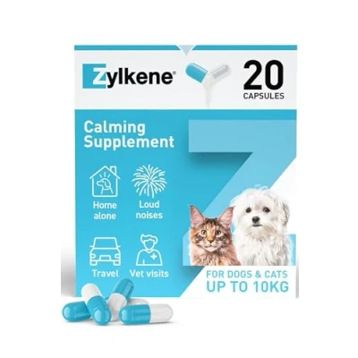 Imagen de Zylkene Suplementos calmantes para gatos y perros de hasta 10 kg 75 mg Ayuda a aliviar la ansiedad las mascotas en situaciones difíciles Se administra fácilmente 20 cápsulas