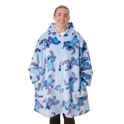 Imagen de Disney Lilo &amp; Stitch Sudadera con capucha para mujer Polar y cremallera adultos in Azul Ropa de descanso estampado personajes en toda la prenda Forro bolsillos Sherpa