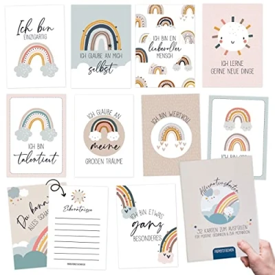 Imagen de Papierdrachen 32 Tarjetas de afirmación con mantras positivos, atención plena caja regalo motivacionales gestionar el estrés amor propio Idea para niños
