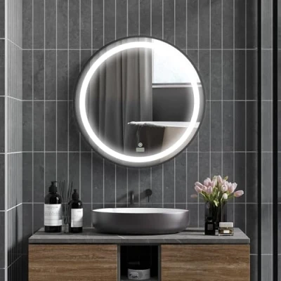 Imagen de kleankin espejo de baño 60 cm diámetro con luz LED, pared función táctil, memoria, IP44, color negro