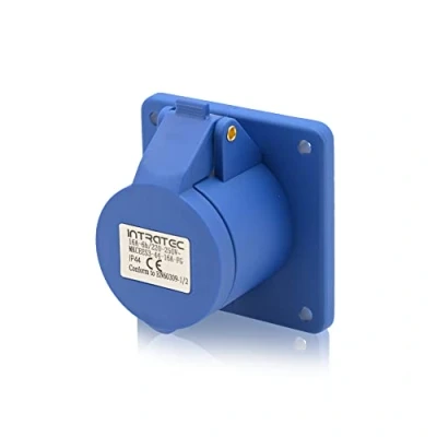 Imagen de CEE Enchufe de pared con corriente rotatoria IP44, color azul, recto 16 A, 230 V, 6 h, 3 pines (2P+E)