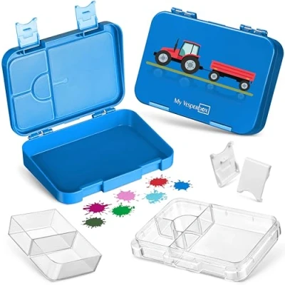 Imagen de My Vesperbox Len Bento Box Niños Fiambrera con 4 + 2 compartimentos Extremadamente resistente ideal para guardería y escuela… (azul Tractor remolque)