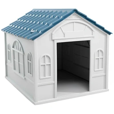 Imagen de Lanco Caseta para Perros Pequeños y Medianos. Uso Interior Exterior con ventilación. Material Resistente. 75x65x63cm. Azul Blanco.
