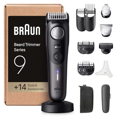 Imagen de Braun Recortadora De Barba Series 9 BT9565, +14 Accesorios Para Barba, PowerBoost Y ProBlade Ultra Afilada, 180 Min, Degradado, 52 Longitudes, Dial Precisión Bloqueo, Resistente Al Agua, Titanio