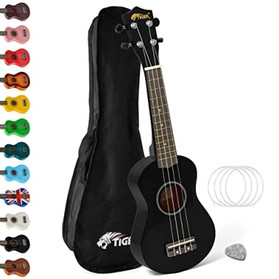 Imagen de Tiger UKE7 Ukelele soprano para principiantes, incluye funda, púa de fieltro, juego cuerdas repuesto , ahora equipado con Aquila, Negro
