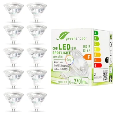 Imagen de greenandco 10x Spot LED IRC 90+ MR16 GU5.3, 3W 270lm 2700K (blanco cálido) COB 38 12V AC/DC, no regulable