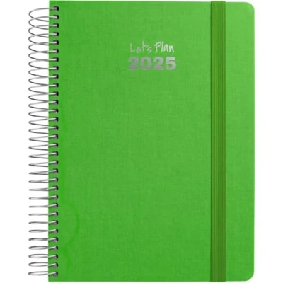 Imagen de Grafoplas Agenda Anual 2025 Fancy 15x21cm Dia por Pagina Verde Español Espiral Tapa Dura Forrada Tela Cierre Goma Vertical Esquinas Redondeadas Incluye Pegatinas Certificado FSC