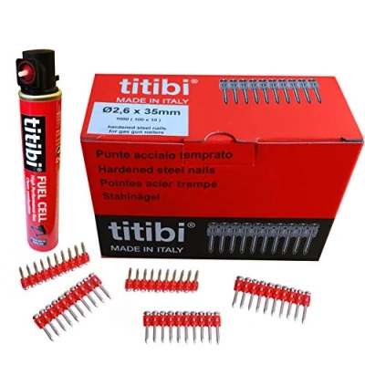 Imagen de 1000 clavos de vaca + Bote gas para clavadoras: Titibi Prima, Spit Pulse Hitachi Bea Senco Otro (botella P900: 152 mm, 40 g, 70 ml, clavo: Ø2,6 x 30 mm)