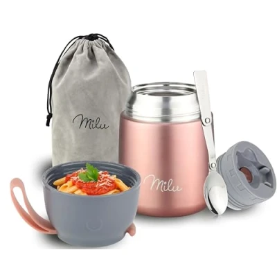 Imagen de Milu Termo para Comida 450 ml Taza Aislada, Botella de Acero Inoxidable Aislada Alimentos, Beber y sopa los niños adultos Térmico (450ml/Oro rosa)