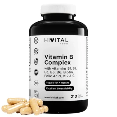 Imagen de Complejo Vitaminas B con B1, B2, B3, B5, B6, B12 210 cápsulas veganas para 7 meses Biotina y Ácido Fólico Aumenta el nivel de energía mejora la concentración memoria