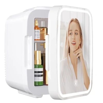 Imagen de YASHE Mini Nevera para Dormitorio, Skincare con Espejo LED, Pequeña de 4L Portátil, Calentador y Enfriador Termoeléctrico 220V AC / 12V DC Coche, Oficina, Dormitorio (blanca)