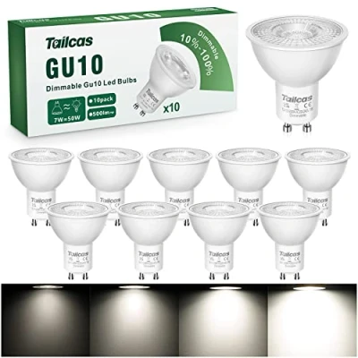 Imagen de Tailcas Regulable Bombilla LED GU10 7W, Blanco Frío 6000K, Equivalente de Lámpara Halógena 50W, 500LM Sin Parpadeo AC100 240V, Ángulo haz 38, Paquete 10