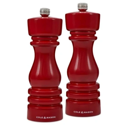 Imagen de Cole &amp; Mason H233101 London Rojo Brillo Molinillos de Sal y Pimienta, Precision+/Molienda Ajustable, Madera Haya, 180mm, Caja Regalo, Incluye 2 x Molinos, Garanzia del Meccanismo a Vita