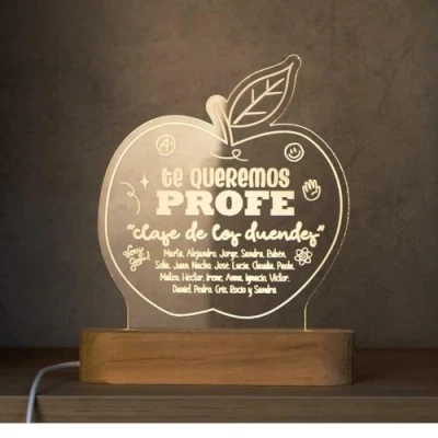 Imagen de DEREGALOOS Lámpara LED personalizada Profe con nombres. Placa de metacrilato profes. Regalo original para Navidad profesores. Base incluida. (Te queremos profe)