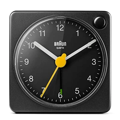 Imagen de Braun Classic Reloj Despertador Analógico de Viaje con Posposición e Iluminación, Tamaño Compacto, Movimiento Cuarzo Silencioso, Negro, Modelo BC0X2B.
