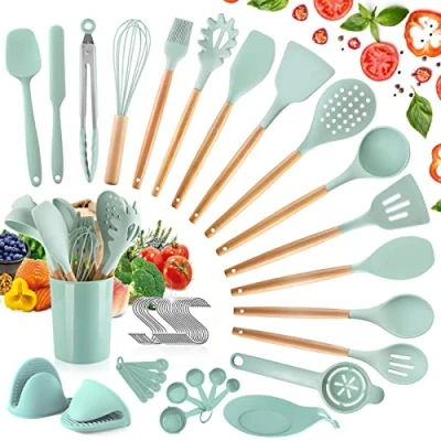 Imagen de TWBEST 49 Piezas Utensilios Cocina de Silicona,Utensilios Silicona,Pinzas Para Alimentos, Pinzas Pasta,Frasco Almacenamiento,5 Cucharas Medidoras y Ganchos