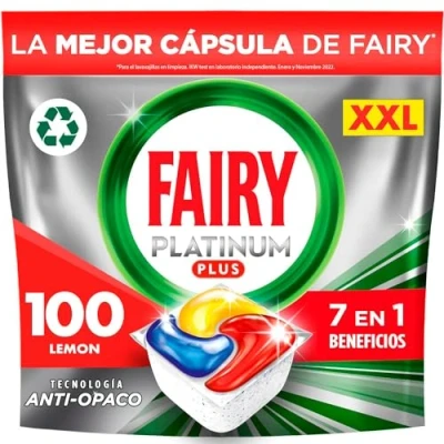Imagen de Fairy Platinum Plus Todo en Uno Pastillas Lavavajillas, 100 Capsulas Lavavajillas (5 x 20), Limpieza Profunda y Extra Brillo, Fragancia Limon