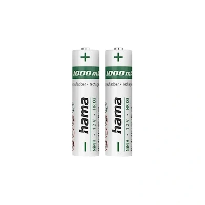 Imagen de Pilas recargables HAMA NiMH AAA, 2 Unidades, 1000 mAh, Carga rápida, Blanco
