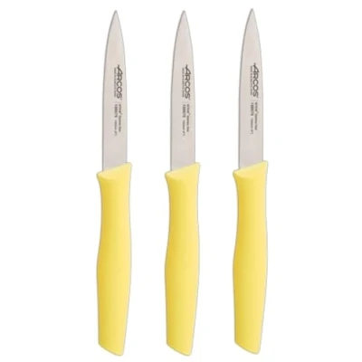 Imagen de Arcos Set 3 cuchillos Mondadores cuchillo de pelar patatas Acero Inoxidable Nitrum Hoja 100 mm Envase Ecológico Color amarillo