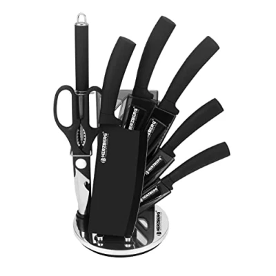 Imagen de Herzberg Couteau Cuisine Professionnel Tranchant en Acier Inoxydable Acrylique Poignée ergonomique Set de couteaux Avec Support 8 pièces Noir HGMSN8 BLK, Iron, Negro