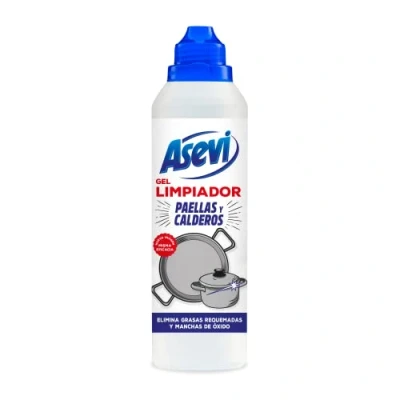 Imagen de Asevi Limpiador Paellas y Calderos Gel Desengrasante Limpia, Desincrusta Abrillanta Ideal Ollas Máxima Eficacia Elimina Manchas Óxido Cal Sin Perfume Envase de 450 ml