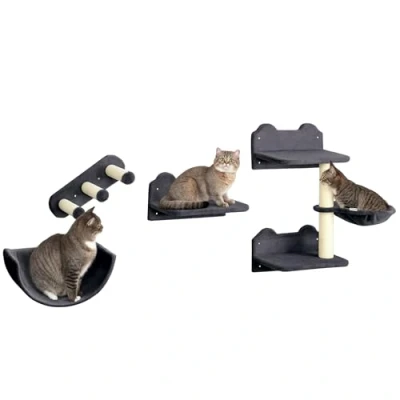 Imagen de PawHut Estante de Escalada para Gatos Pared Juego Estantes 4 Piezas con Hamaca Nido Rascador Plataformas Saltar y Poste Sisal Gris Oscuro