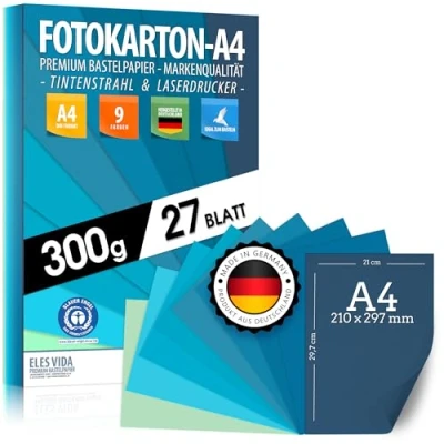 Imagen de 27 hojas de TABLERO FOTOGRÁFICO A4 tonos agua y azul papel 300g / m² set 9 colores artesanal estable colores, para niños bricolaje, marino cian azur océano