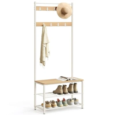 Imagen de VASAGLE Perchero Zapatero, con Banco Recibidor, 3 en 1, Estructura de Acero, para Entrada Pasillo, 32 x 70 177 cm, Estilo Moderno, Roble y Crema HSR041W09