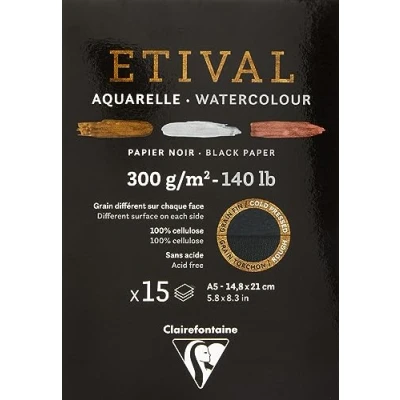 Imagen de Clairefontaine 975318C Un bloc encollé 1 côté de papier dessin Etival 15 feuilles 21x29,7 cm 300g double grains (recto grain fin et verso torchon), Noir