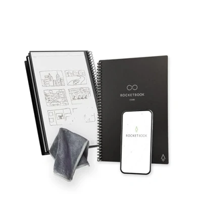 Imagen de Rocketbook Core Cuaderno Espiral Reutilizable, Tamaño A5, 15 cm x 22,4 cm, Negro Páginas de Puntos, Conexión a App, Borrable, Tapa Duradera, para el Colegio, Trabajo y los Proyectos Creativos