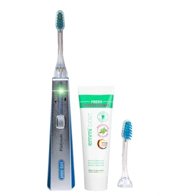 Imagen de emmi® dent Platinum Cepillo de Dientes Eléctrico Ultrasónico (Set Básico Azul) I Ideal para y Encías Sensibles Cepillado Óptimo sin Frotar Hasta 15 Días Batería